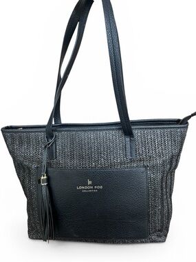 London Fog Black Woven Tote with Tassel Accent